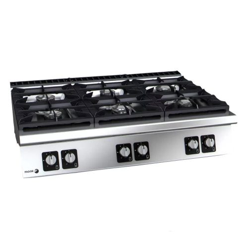 Fagor hatzónás asztali gázüzemű tűzhely, nagy teljesítményű égőkkel (5 × 8 kW + 1 × 10,2 kW), 50,2 kW