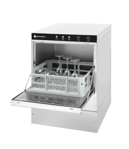 Pohár mosogatógép 40x40, elektromechanikus vezérlés, HENDI, ürítő & mosogatószer adagoló szivattyúval, 230V/2800W, 470x510x(H)710mm