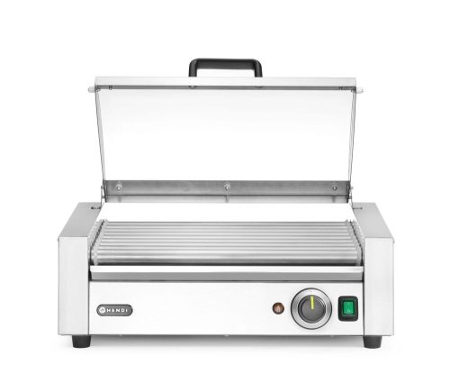 Kolbászsütő grill, 1 zónás, energiatakarékos fedéllel, HENDI, 9 görgős, 230V/790W, 566x450x(H)259mm