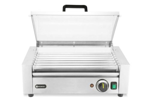 Kolbászsütő grill, 1 zónás, energiatakarékos fedéllel, HENDI, 9 görgős, 230V/790W, 566x450x(H)259mm